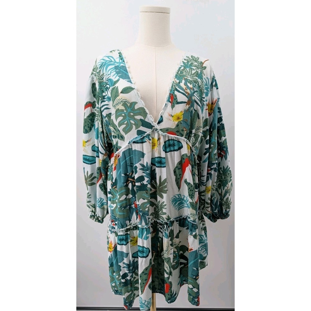 Blue Island Tropical Palm Dress Size L Swim Cover Tiered Oversize Flowy Beach